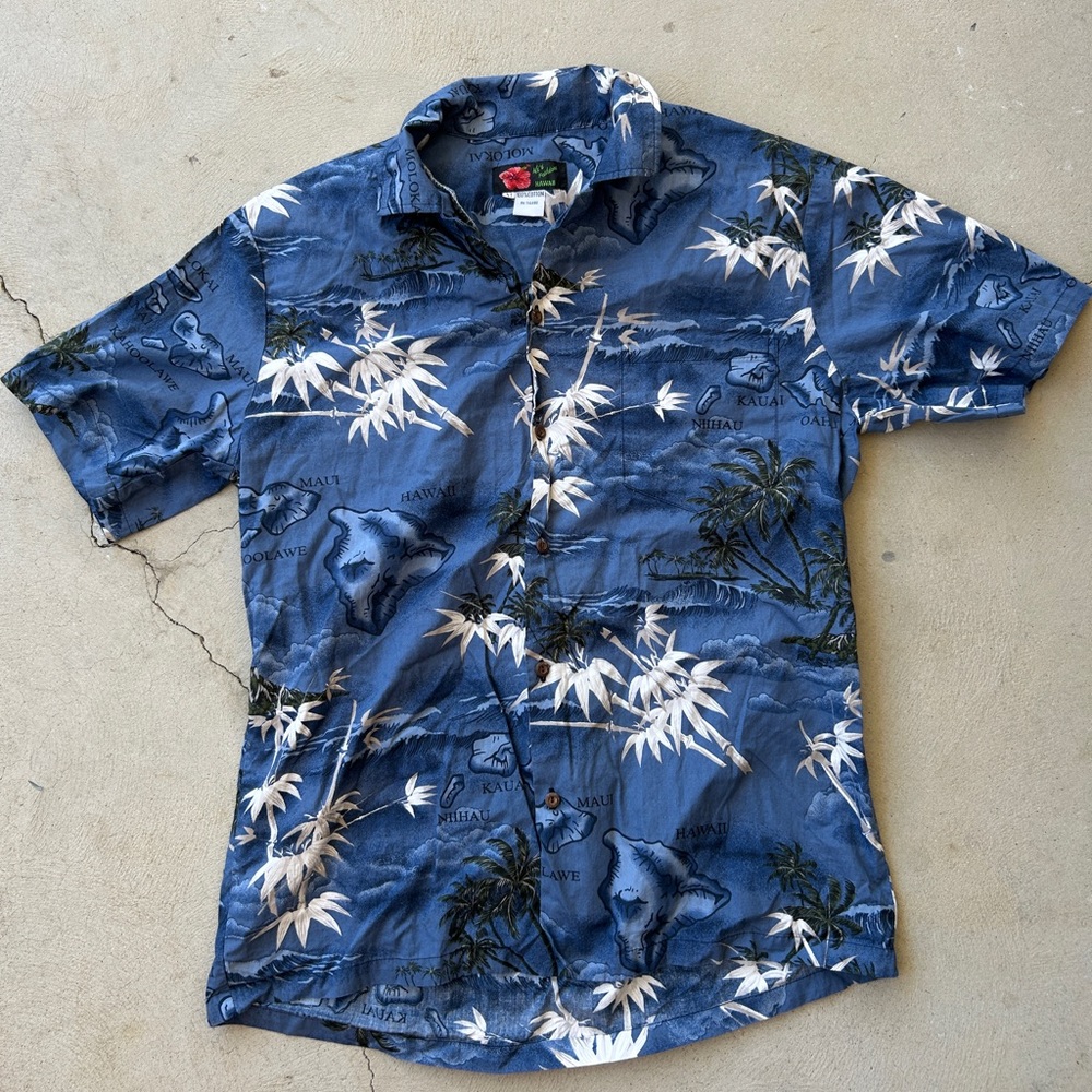 Ali’i Fashion Blue Hawaiian Print Men's Shirt 100% Cotton Men Size Medium